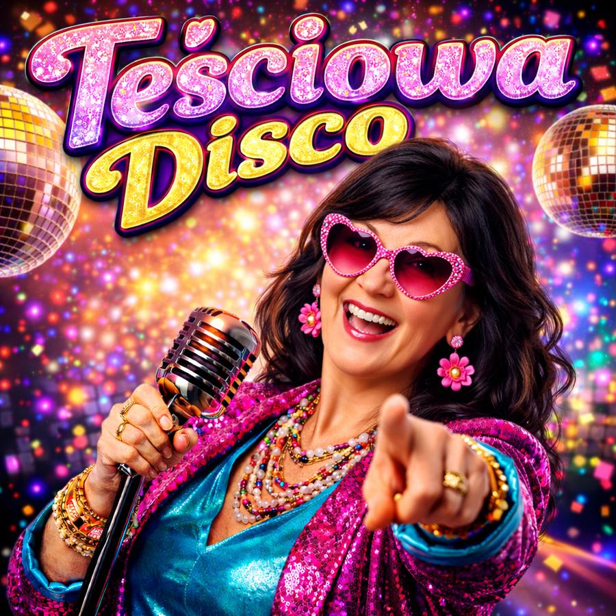 Teściowa Disco w różowych okularach w serduszka i cekinowej marynarce, z mikrofonem w dłoni